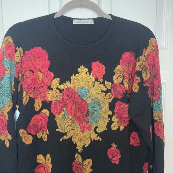 Angelo Marani Made in Italy 100% Wool Crewneck Black Floral Rose Sweater Medium - Picture 2 of 6